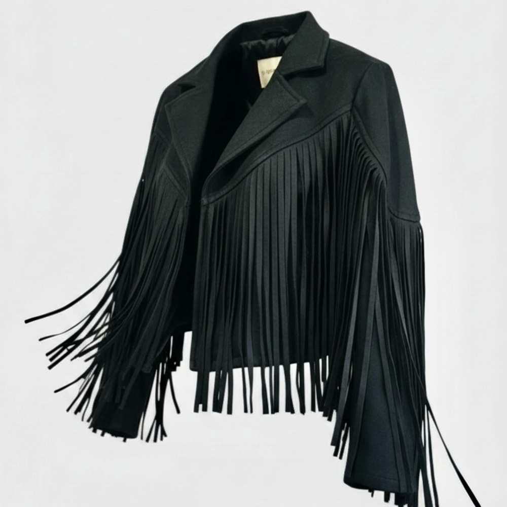 Black Faux Suede Cropped Fringe Jacket Western Boho Festival Women’s Medium